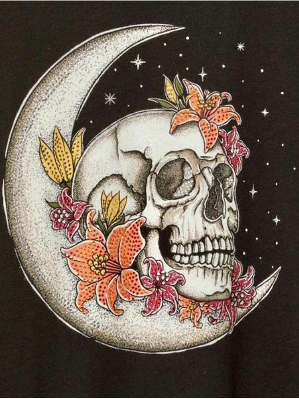 Torrid Black Tee with Moon, Skull & Floral Graphic - Rhinestone Detail - Size 5X - Picture 2 of 9